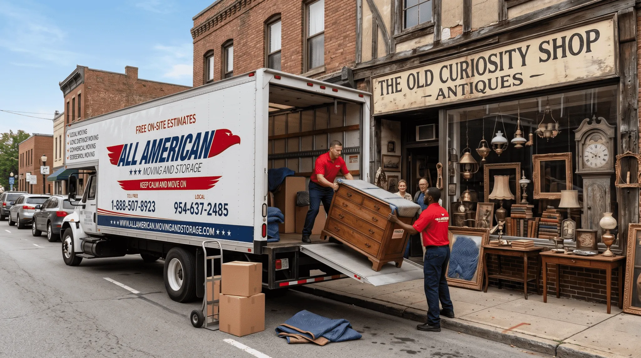 All American movers loading antiques into a truck outside a storefront