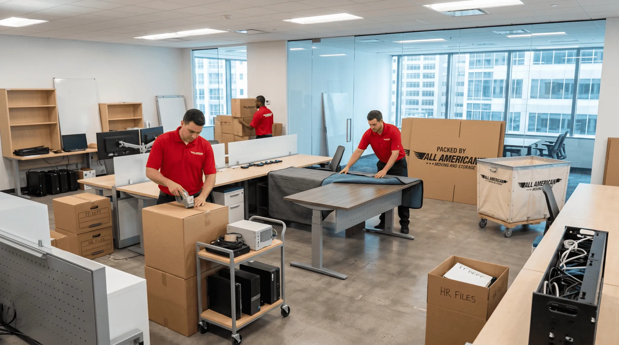 All American movers handling office equipment for a commercial move