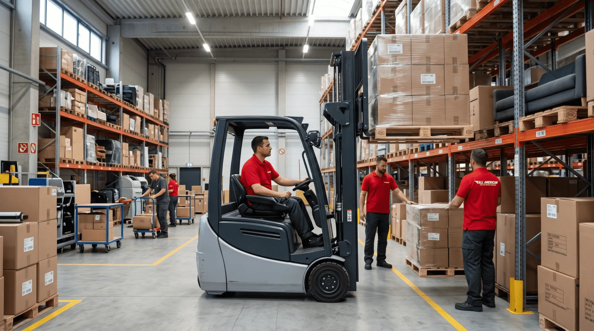 All American mover operating a forklift in a South Florida storage warehouse